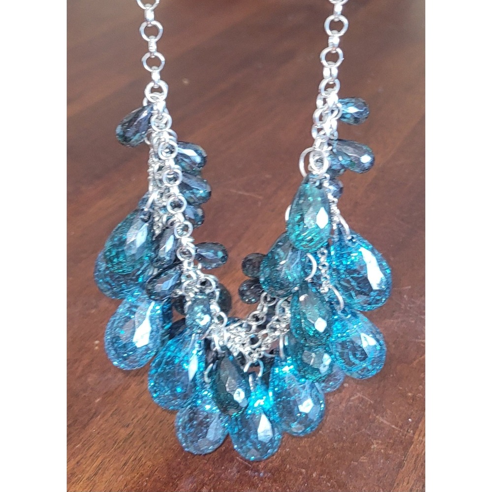 Roberta Chiarella Silver Metal Chain Faceted Teal Plastic Bead Necklace Jewelry